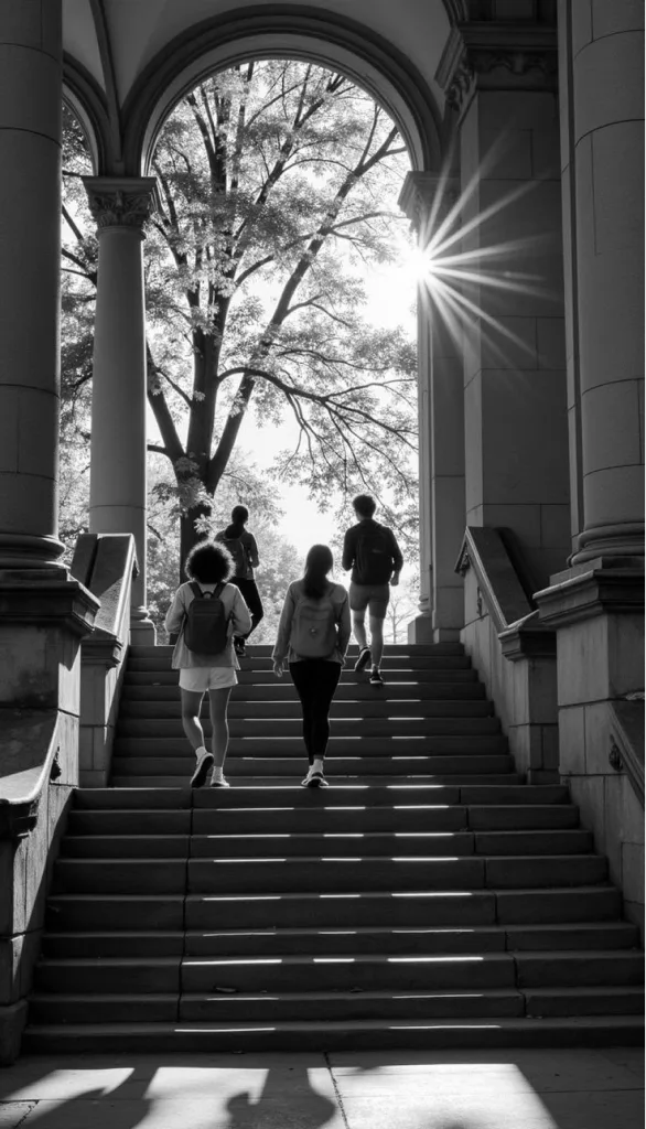 Estudantes subindo escadaria em ambiente acadêmico